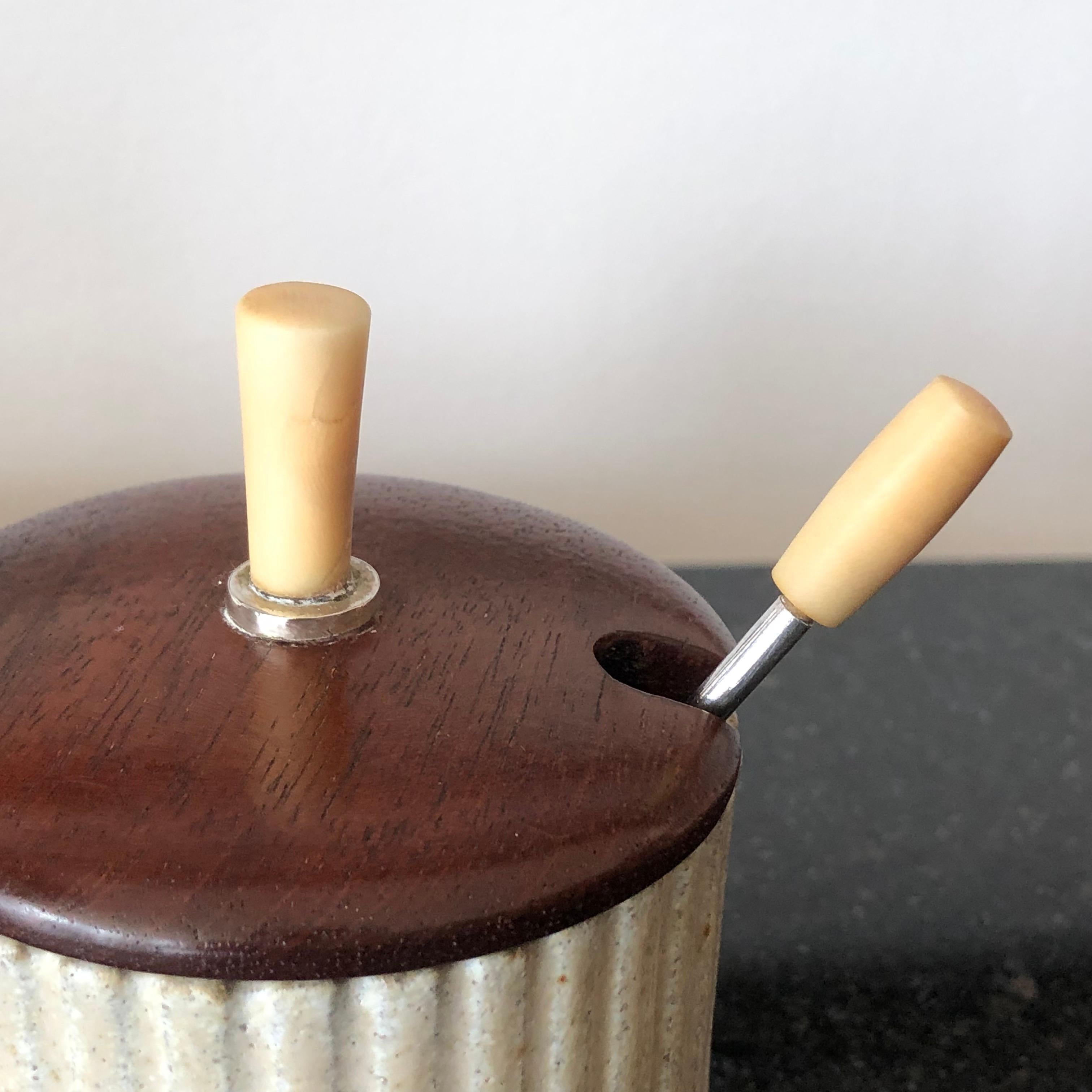 Mid-20th Century Danish Art Pottery Jam Pot with Teak Lid and Silver Spoon by Arne Bang