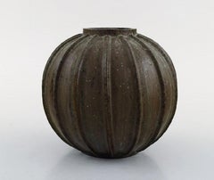 Arne Bang, Rare Spherical Shaped Art Deco Vase of Stoneware, in Fluted Style