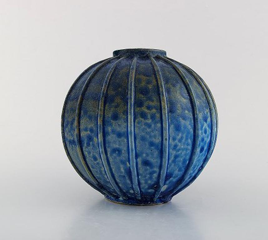 Danish Arne Bang, Rare Spherical Shaped Art Deco Vase of Stoneware, in Fluted Style