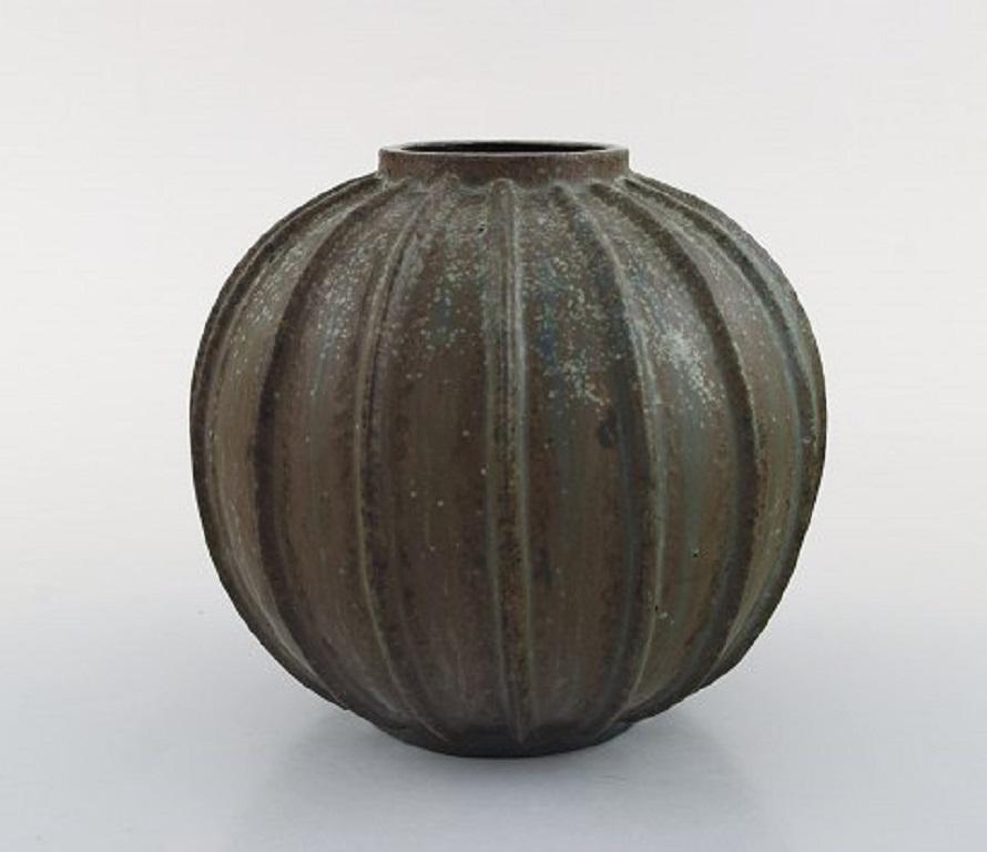 Danish Arne Bang, Rare Spherical Shaped Art Deco Vase of Stoneware, in Fluted Style