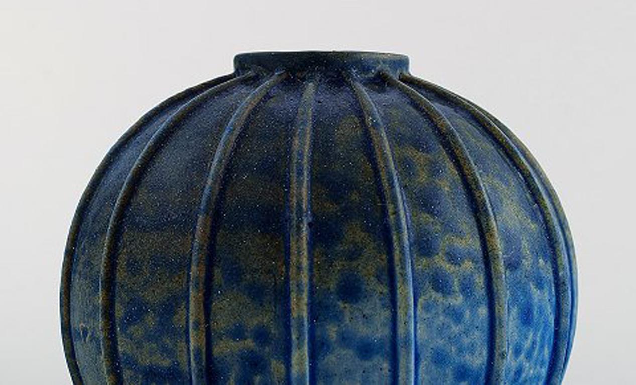 Mid-20th Century Arne Bang, Rare Spherical Shaped Art Deco Vase of Stoneware, in Fluted Style