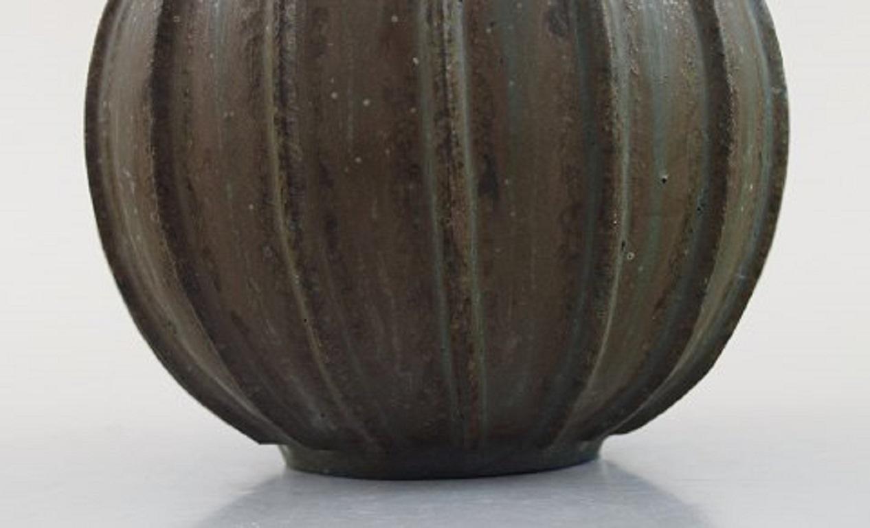 Mid-20th Century Arne Bang, Rare Spherical Shaped Art Deco Vase of Stoneware, in Fluted Style