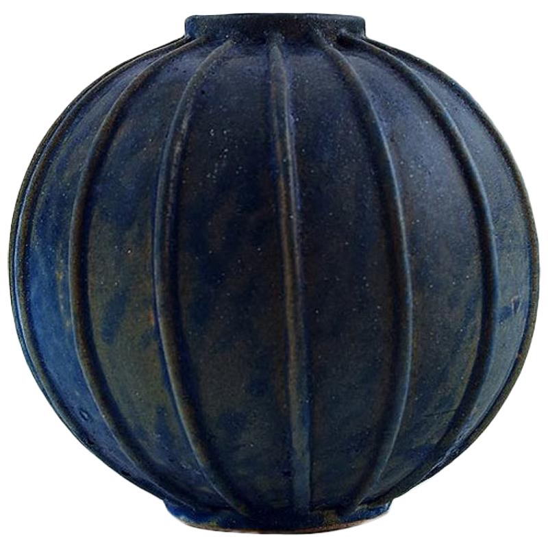 Arne Bang, Rare Spherical Shaped Art Deco Vase of Stoneware, in Fluted Style