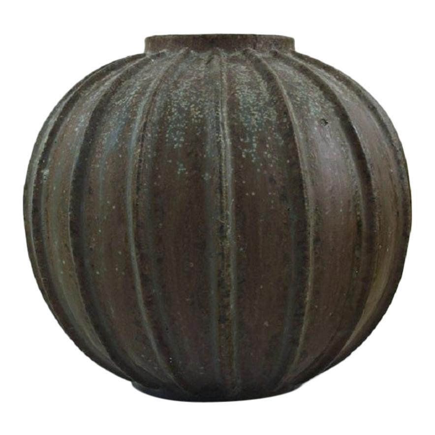 Arne Bang, Rare Spherical Shaped Art Deco Vase of Stoneware, in Fluted Style