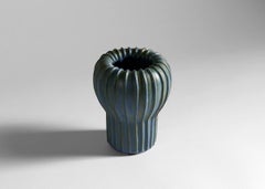 Arne Bang, Ribbed Blue Glazed Ceramic Vase, Denmark, 1930s