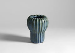 Arne Bang, Ribbed Blue Glazed Ceramic Vase, Denmark, 1930s