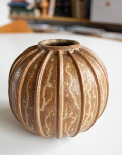 Arne Bang Ribbed Stoneware Vase with Speckled Brown-Beige Glaze