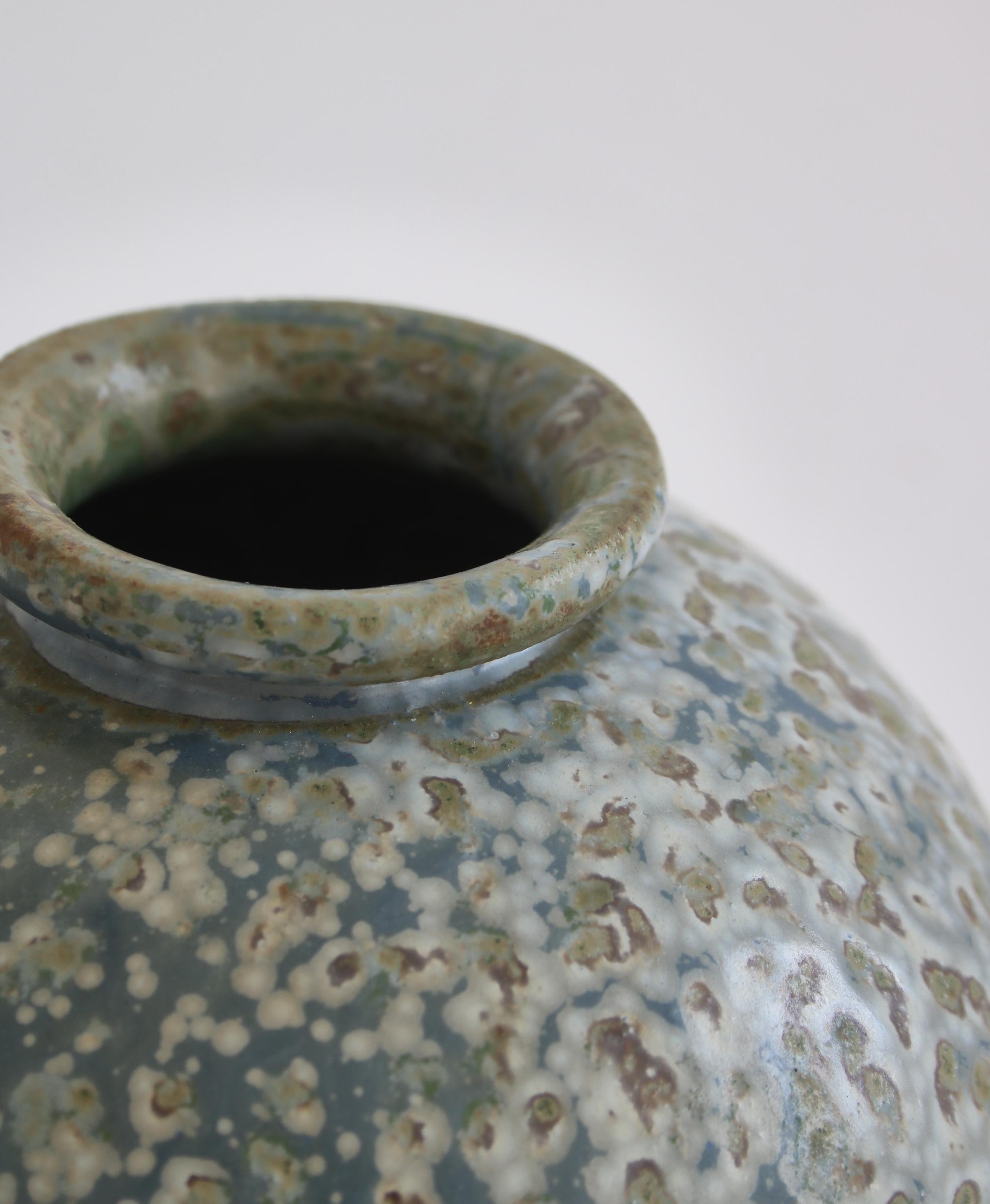 Danish Arne Bang Round Stoneware Vase with Freckled Glazing, Own Studio, 1930s