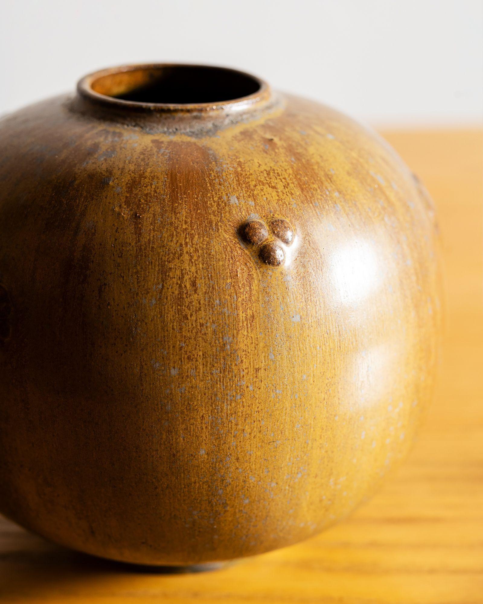 Arne Bang Round Vase in Ochre and Brown Glaze with Relief Flowers, 1960s 1