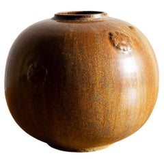 Arne Bang Round Vase in Ochre and Brown Glaze with Relief Flowers, 1960s
