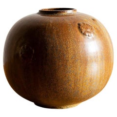 Arne Bang Round Vase in Ochre and Brown Glaze with Relief Flowers, 1960s