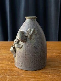 Arne Bang, Small Sculptural Vase, Grey Blue Glazed Stoneware, Denmark, 1940s