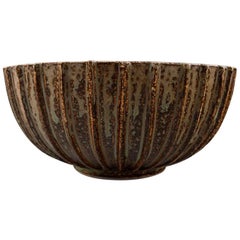 Retro Arne Bang, Stoneware Bowl with Fluted Corpus Decorated with Brown Speckled Glaze