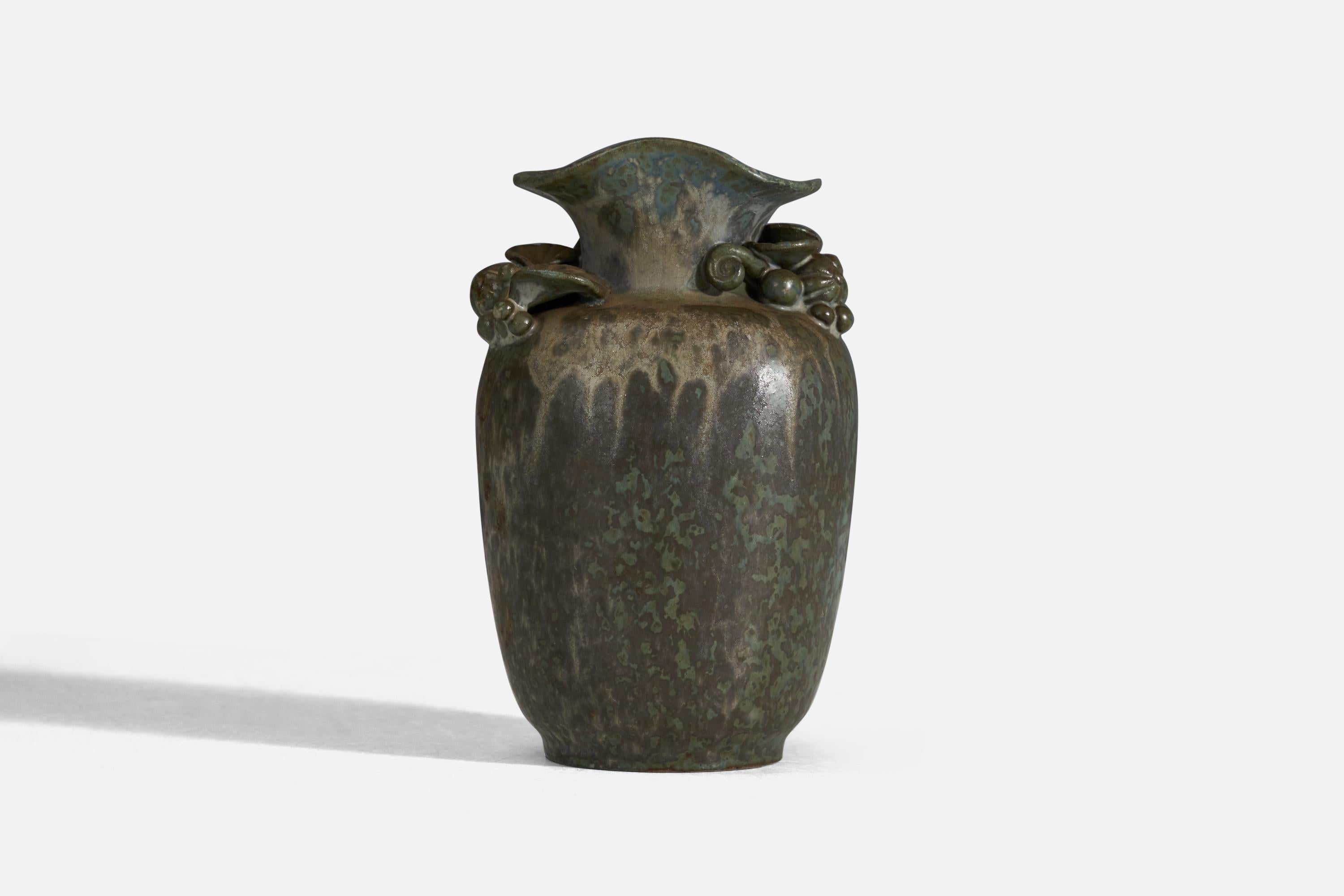 A green and blue glazed stoneware vase designed and produced by Arne Bang, Vase, Denmark, 1940s.