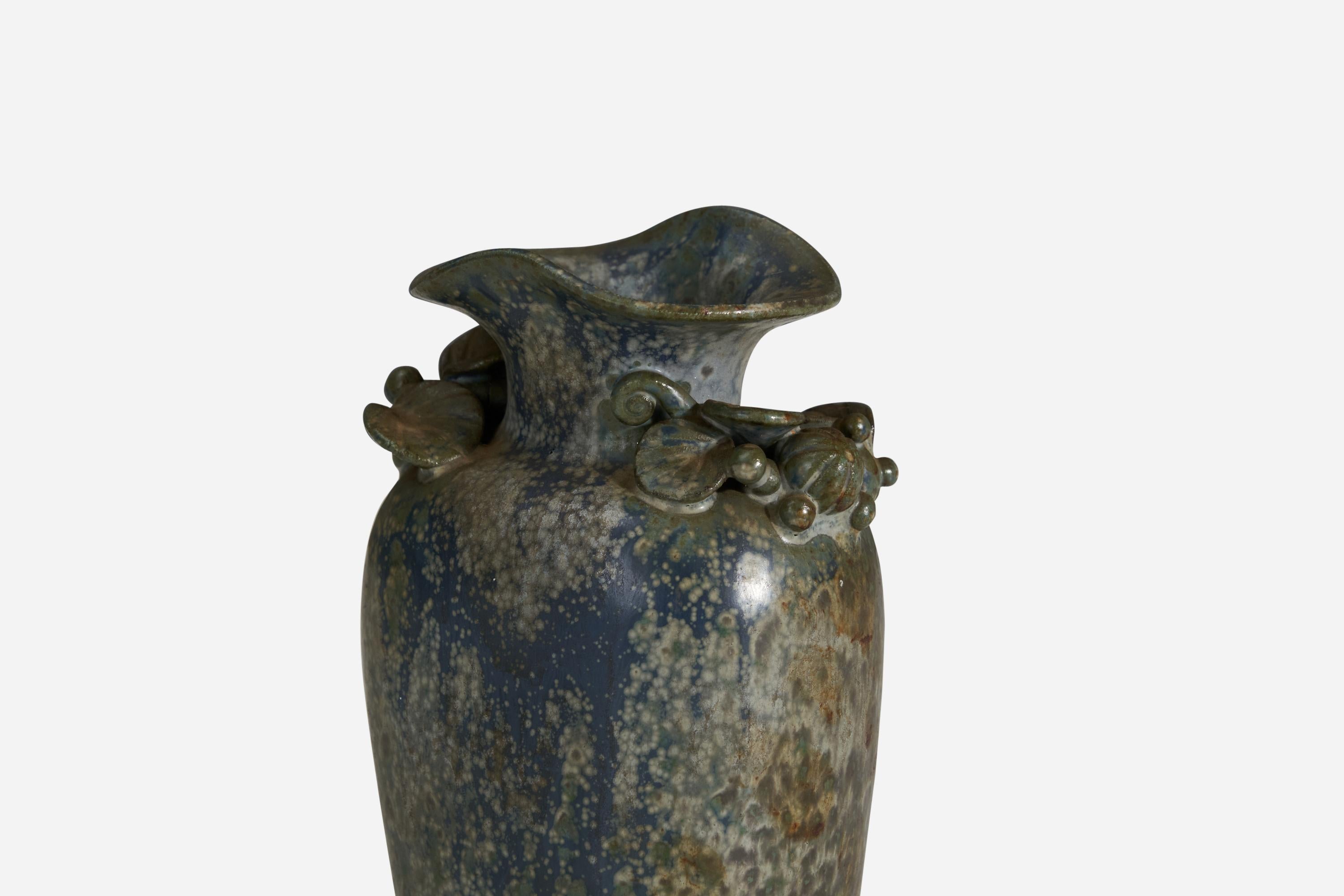Danish Arne Bang, Vase, Green and Blue Glazed Stoneware, Denmark, 1940s