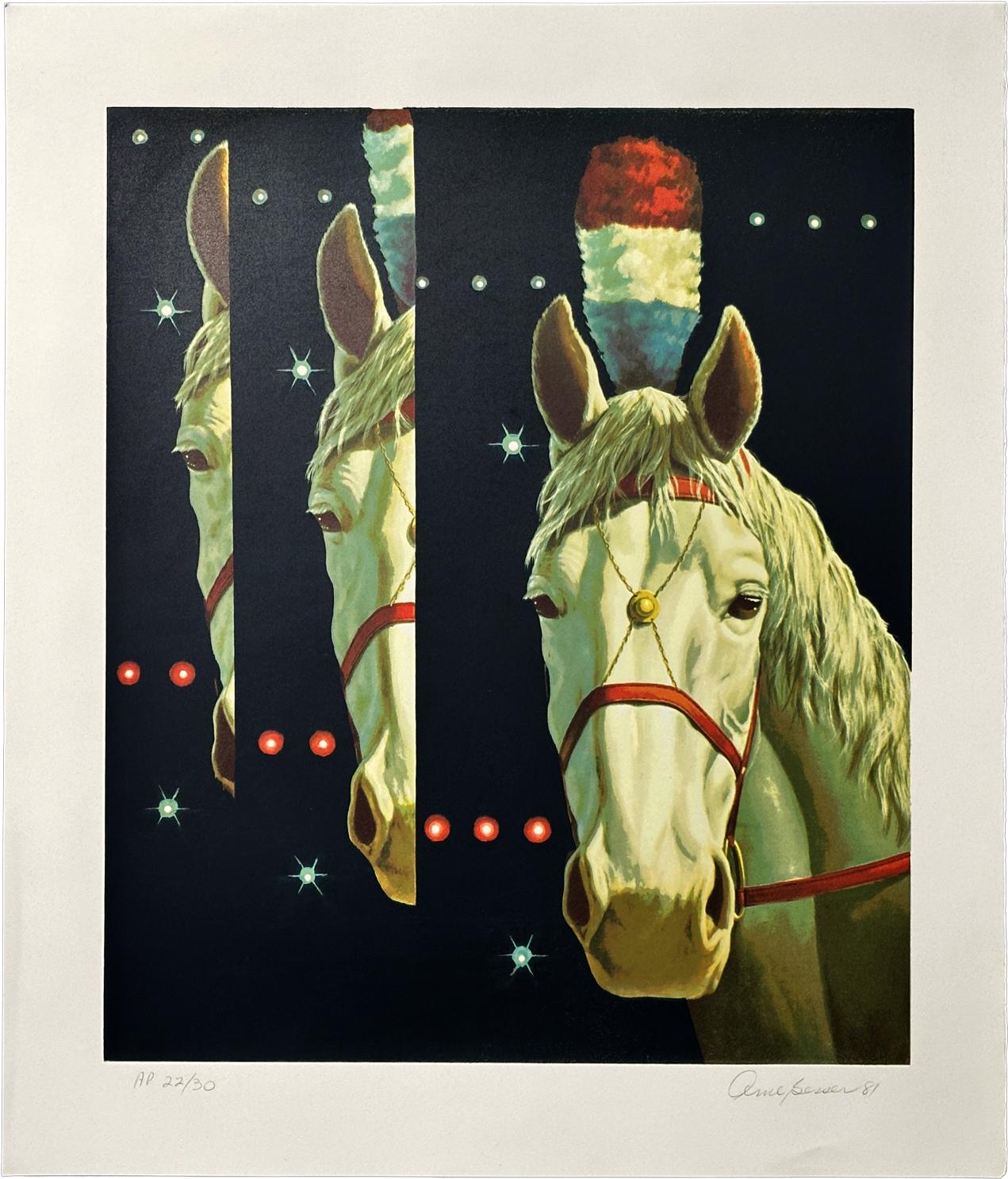 Artist: Arne Besser
Title: Circus Triad 
Year: 1981
Print: Silkscreen printed on Somerset White Satin
Size: 26 x 22 in
Signed in pencil and marked A.P. 22/30 

Unframed

Arne Besser born in Hinsdale, Illinois in 1935, received training as an artist