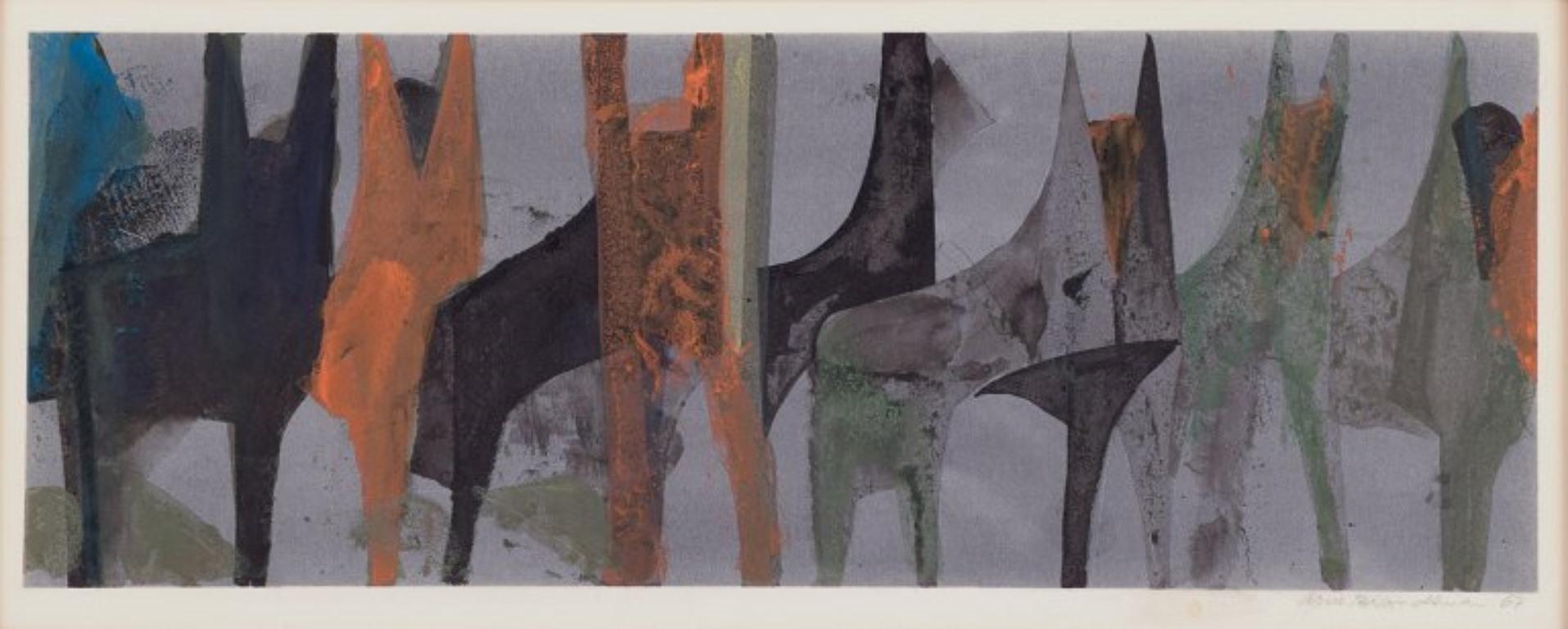 Arne Brandtman (1925-2010), schwedischer Künstler. 
Farbdruck auf Papier.
Abstrakte Zusammensetzung.
Handsigniert mit Bleistift und datiert 67.
In perfektem Zustand.
Abmessungen des Bildes: 43,5 cm x 6,5 cm.
Gesamtabmessungen: 46,0 cm x 20,0 cm.

