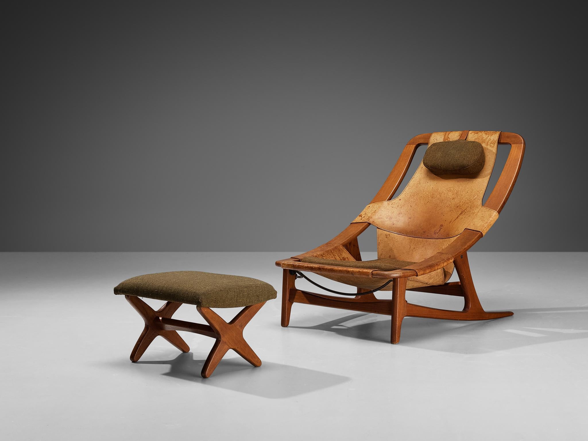 Arne F. Tidemand Ruud by A/S Inventar, Gjövik for Norcraft, 'Holmenkollen'/'3030' lounge chair with ottoman, leather, teak, brass, fabric, steel, Norway, 1959

This easy chair with ottoman is designed by Norwegian designer Arne F. Tidemand Ruud.