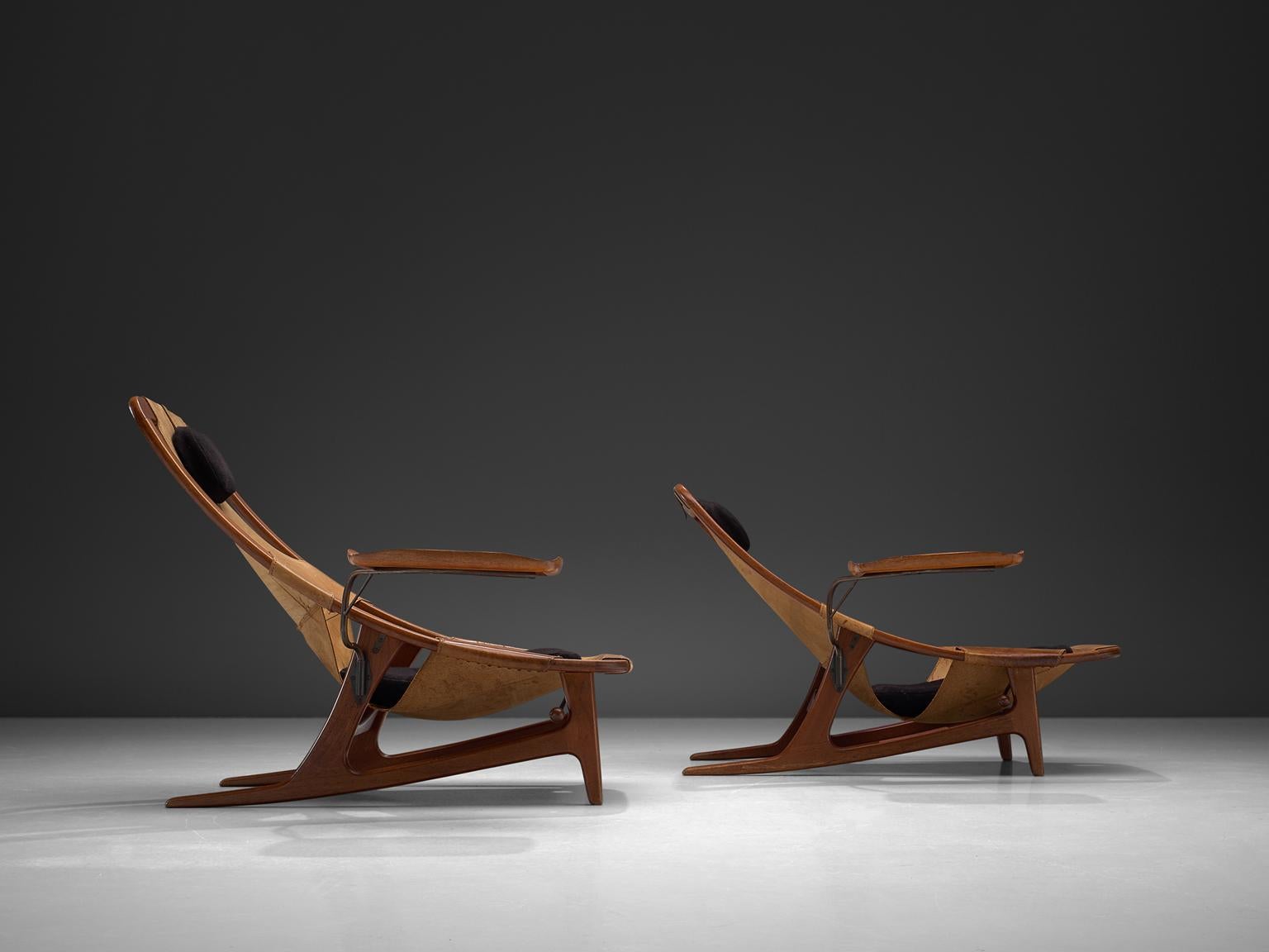 Scandinavian Modern Arne F. Tidemand Ruud Rare Pair of Cognac Leather 'Holmenkollen' Lounge Chairs