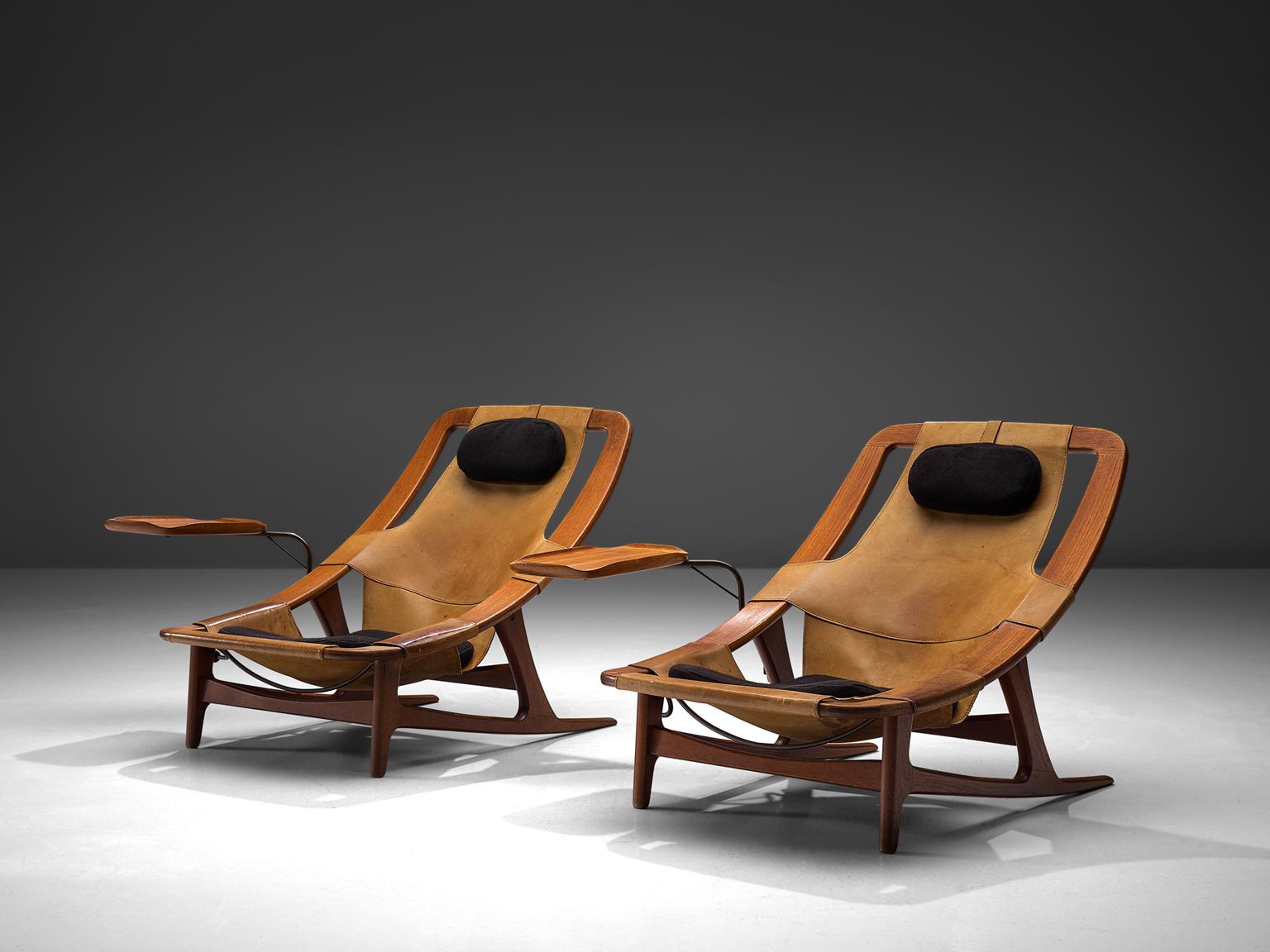 Norwegian Arne F. Tidemand Ruud Rare Pair of Cognac Leather 'Holmenkollen' Lounge Chairs