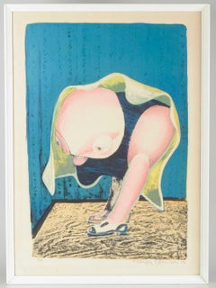 Arne Haugen Sørensen. Colour lithograph. Satirical composition with figure.