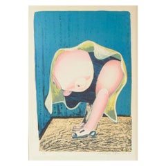 Arne Haugen Sørensen. Colour lithograph. Satirical composition with figure.