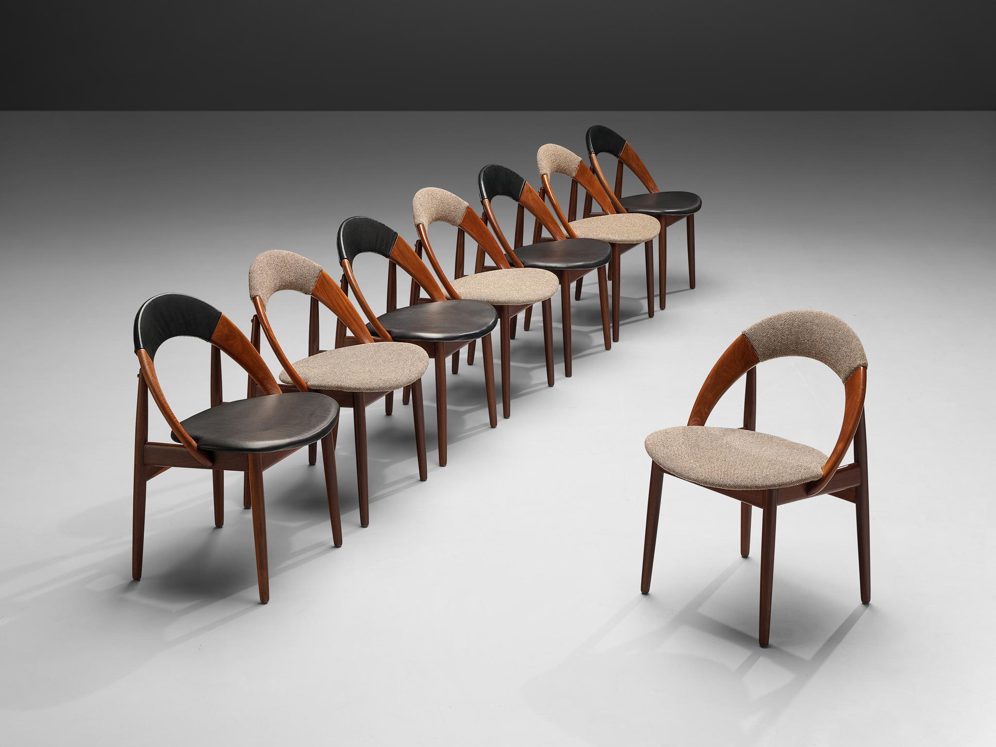 Arne Hovmand-Olsen, bicolor set of dining chairs, teak, wool and leather upholstery, Denmark, 1960s.

Set of dining chairs designed by Arne Hovmand-Olsen. The chairs have a very simple and organic design. The rounded back goes in one flowing motion