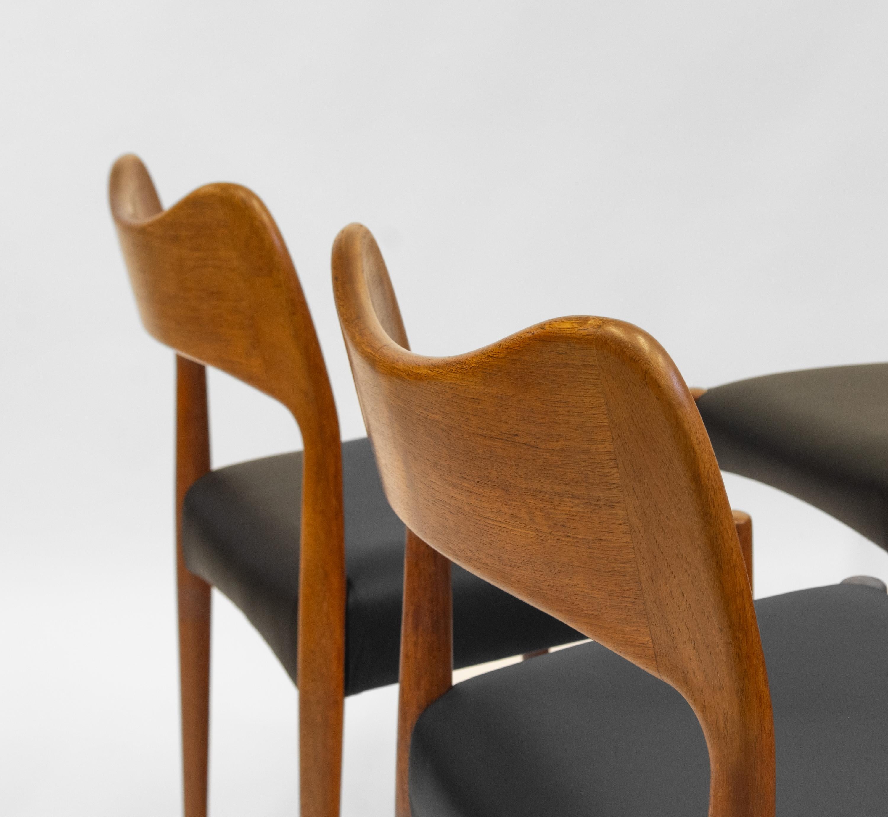 Mid-Century Modern Arne Hovmand Olsen Danish Set Of Four Teak  & Leather Mid Century Dining Chairs For Sale