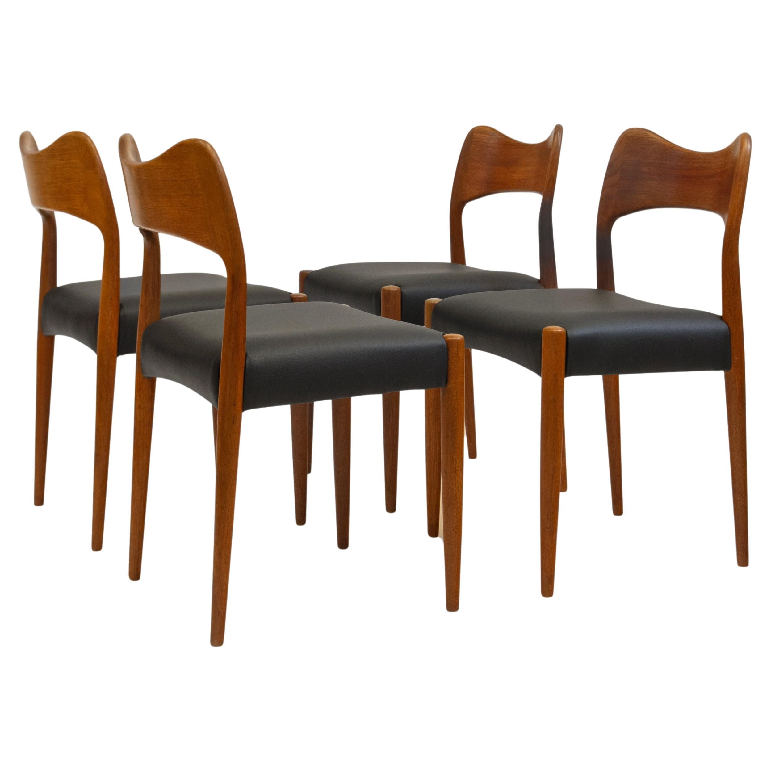 Arne Hovmand Olsen Danish Set Of Four Teak  & Leather Mid Century Dining Chairs
