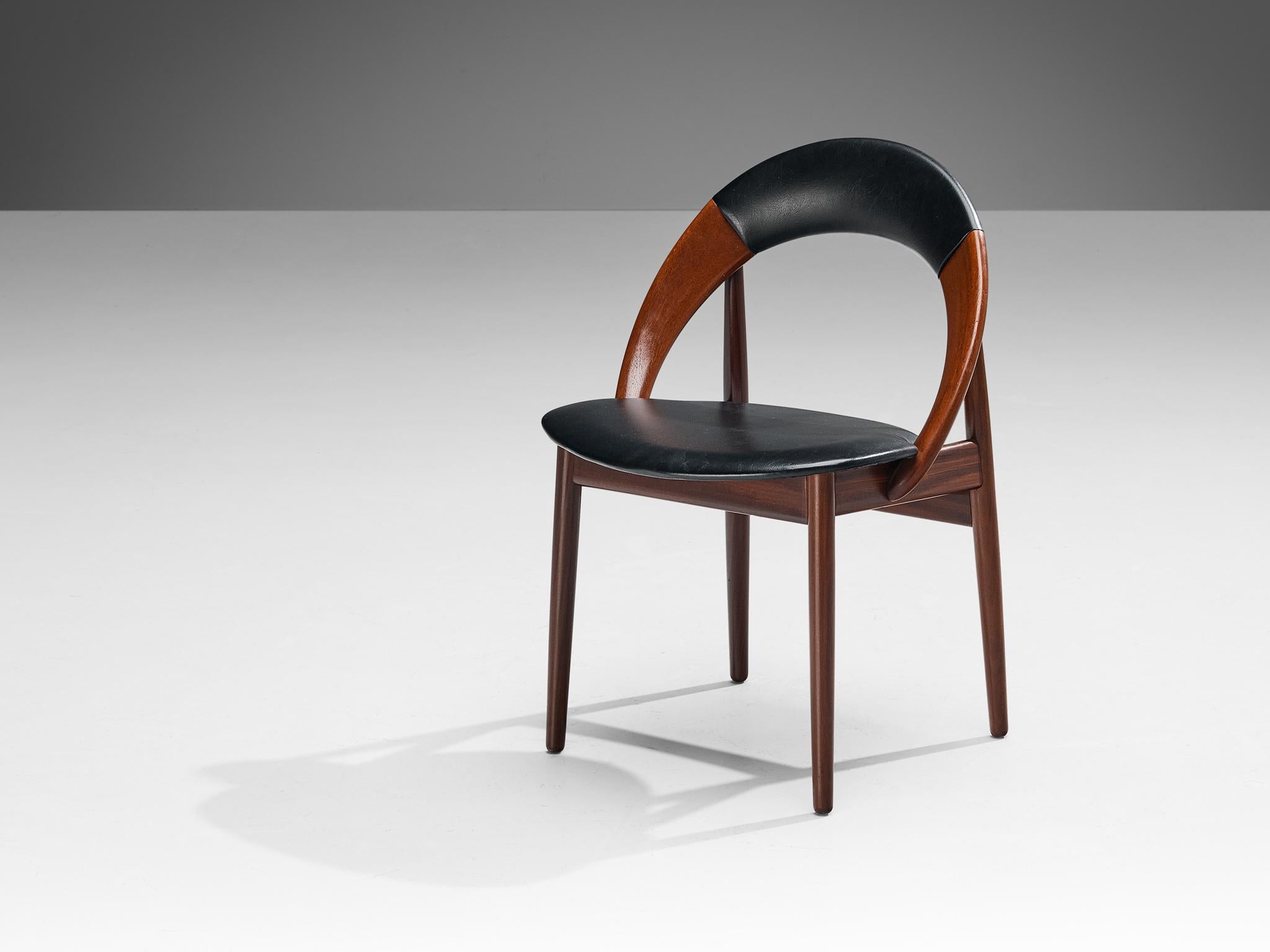 Arne Hovmand-Olsen dining chair, teak, leatherette, Denmark, 1960s 

Dining chair designed by the Danish designer Arne Hovmand-Olsen. The chair has a very simple and organic design. The rounded back turns into the armrest and seating in one flowing