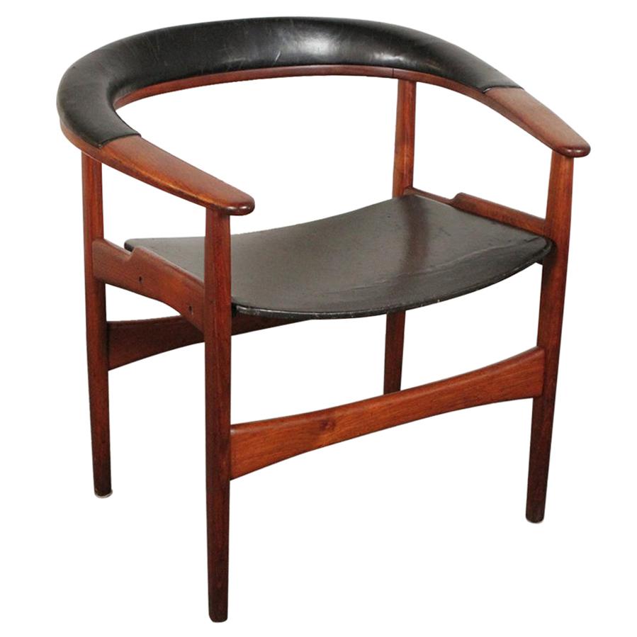 Arne Hovmand-Olsen for Jutex Teak and Leather Rounded Back Chair, 1957