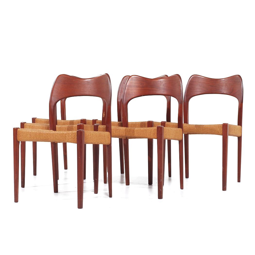 Mid-Century Modern Arne Hovmand Olsen for Mogens Kold MCM Danish Teak Papercord Dining Chairs - 6 For Sale