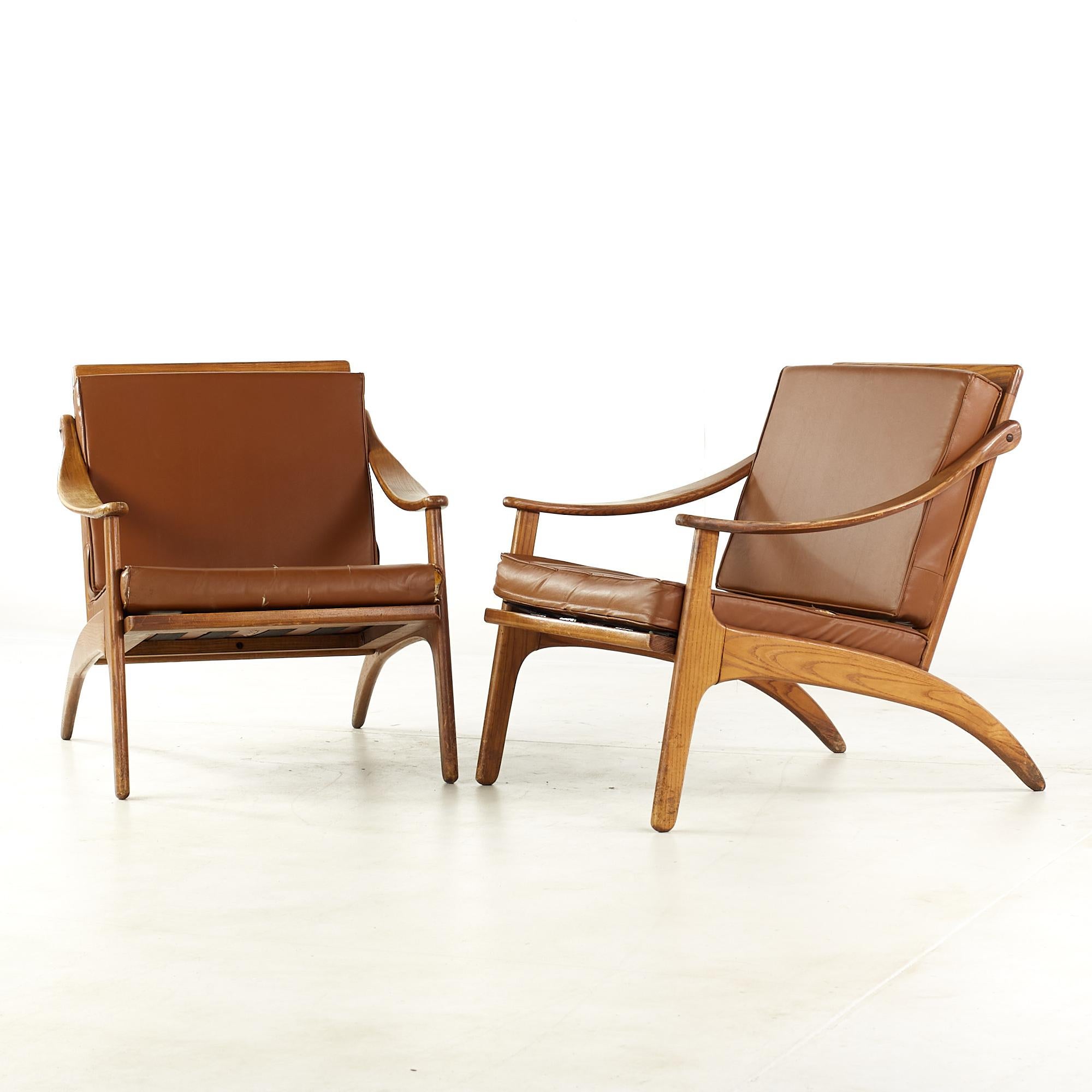 Mid-Century Modern Arne Hovmand Olsen for P Mikkelsen MCM Teak Lean Back Lounge Chairs, Pair For Sale