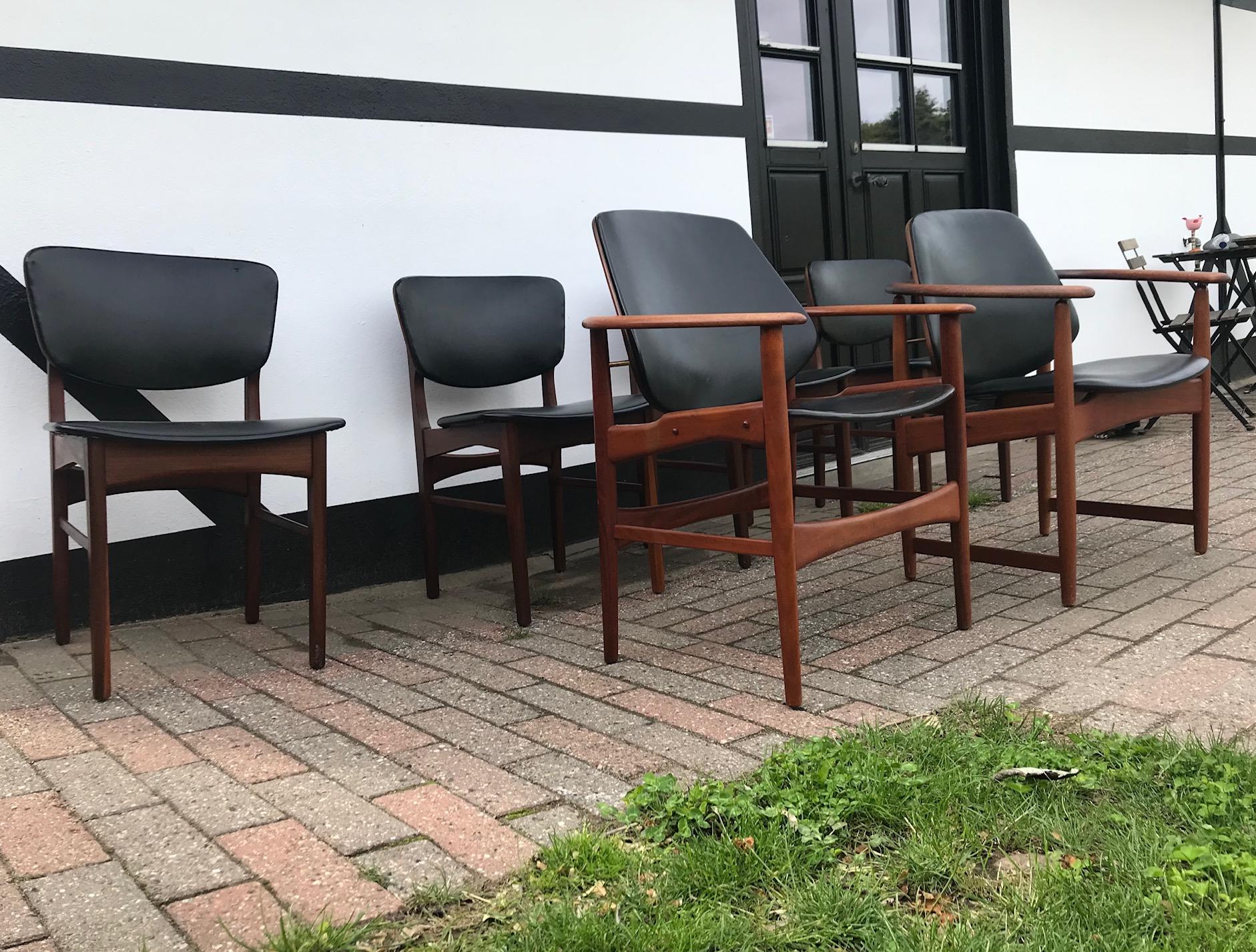 Mid-Century Modern Arne Hovmand-Olsen Chaises de salle à manger King et Queen en teck, Jutex 1950, Ensemble de 6 en vente