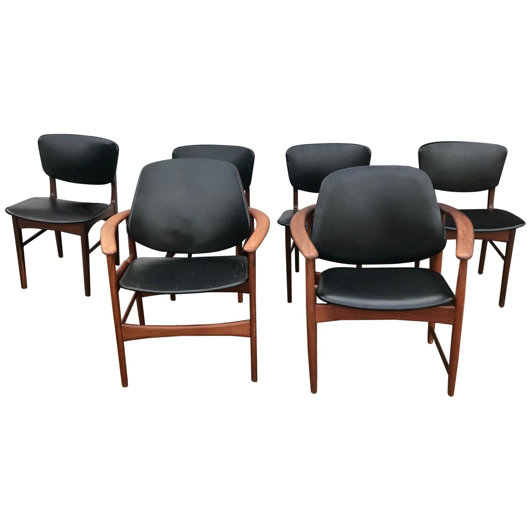 Arne Hovmand-Olsen Chaises de salle à manger King et Queen en teck, Jutex 1950, Ensemble de 6 en vente