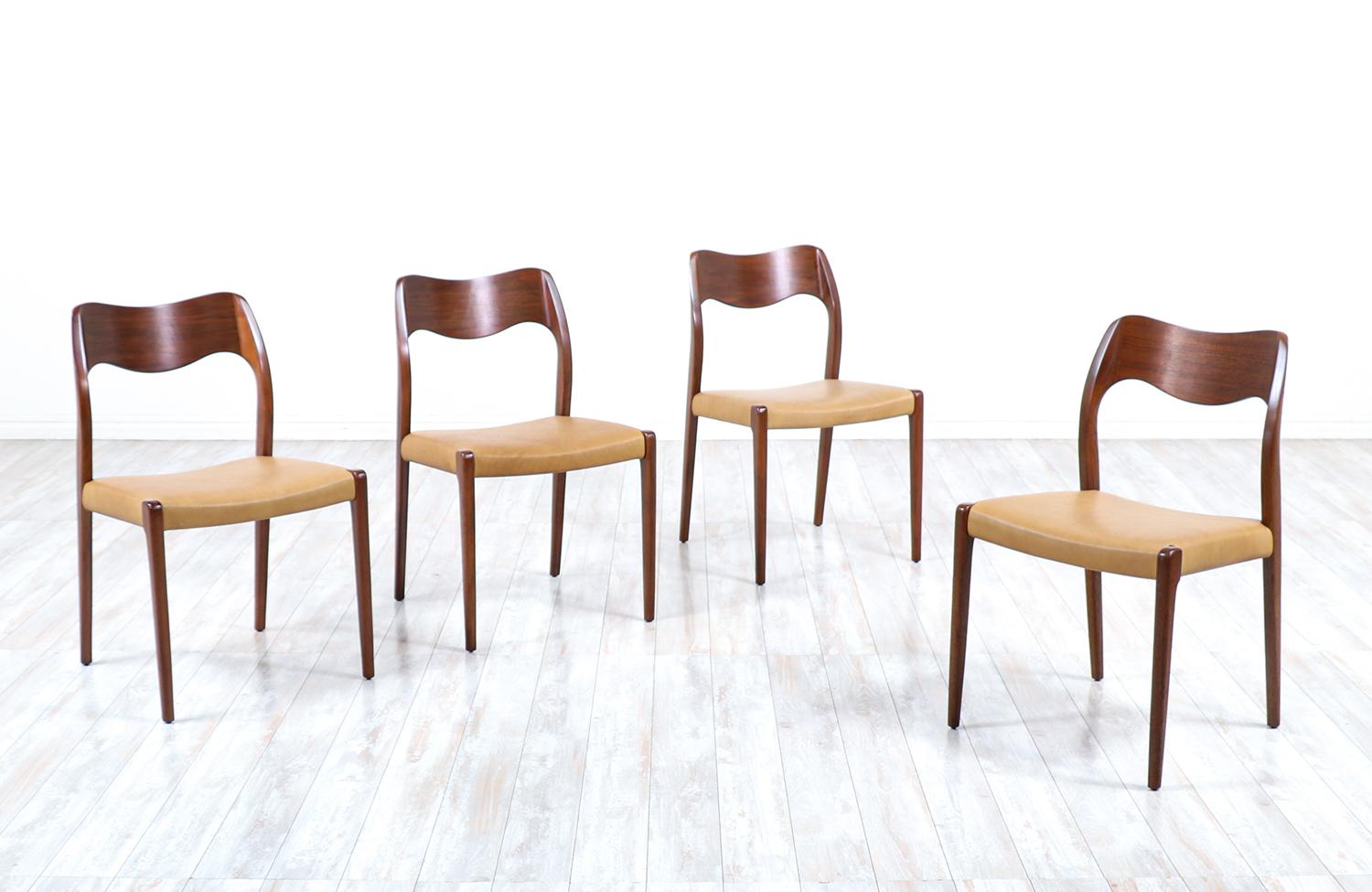 Mid-Century Modern Arne Hovmand-Olsen Model-71 Teak & Leather Dining Chairs for J.L. Møllers