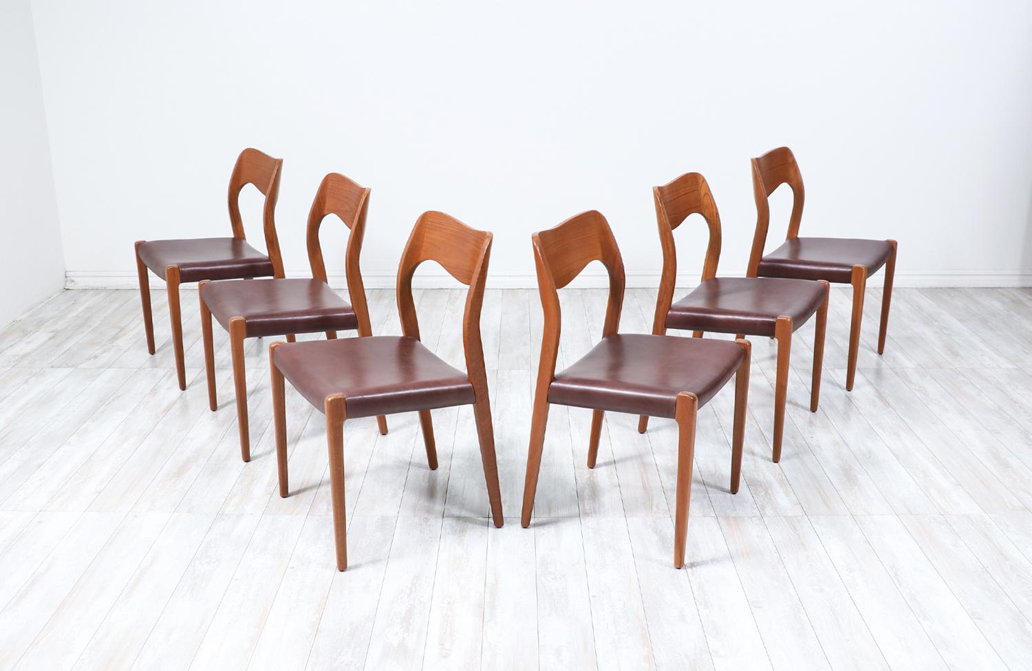 Mid-Century Modern Arne Hovmand-Olsen Model 71 Teak Wood & Leather Dining Chairs for J.L. Møllers