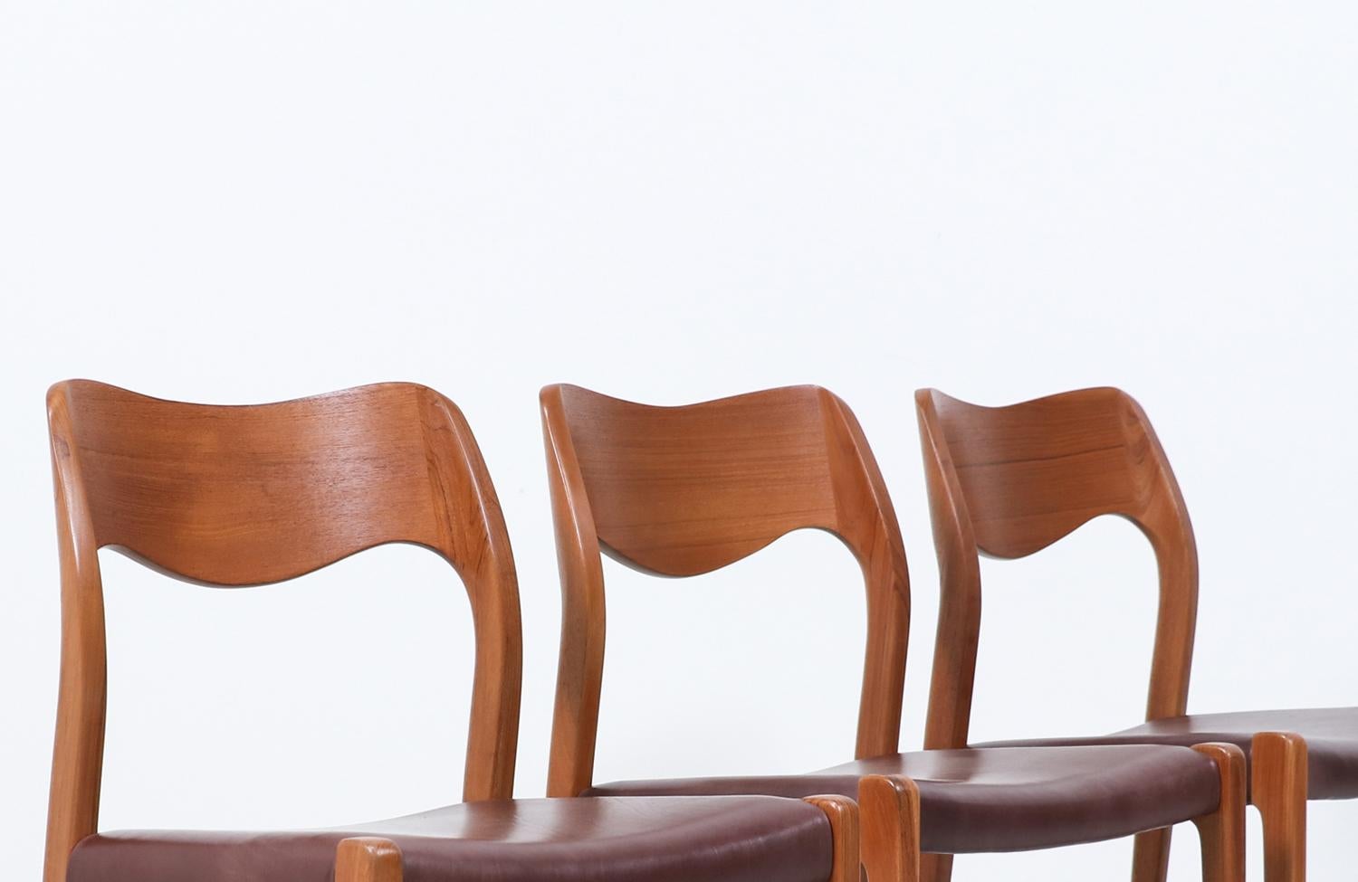 Late 20th Century Arne Hovmand-Olsen Model 71 Teak Wood & Leather Dining Chairs for J.L. Møllers