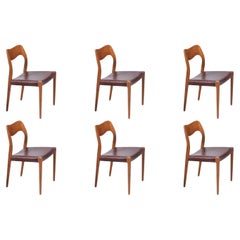 Retro Arne Hovmand-Olsen Model 71 Teak Wood & Leather Dining Chairs for J.L. Møllers