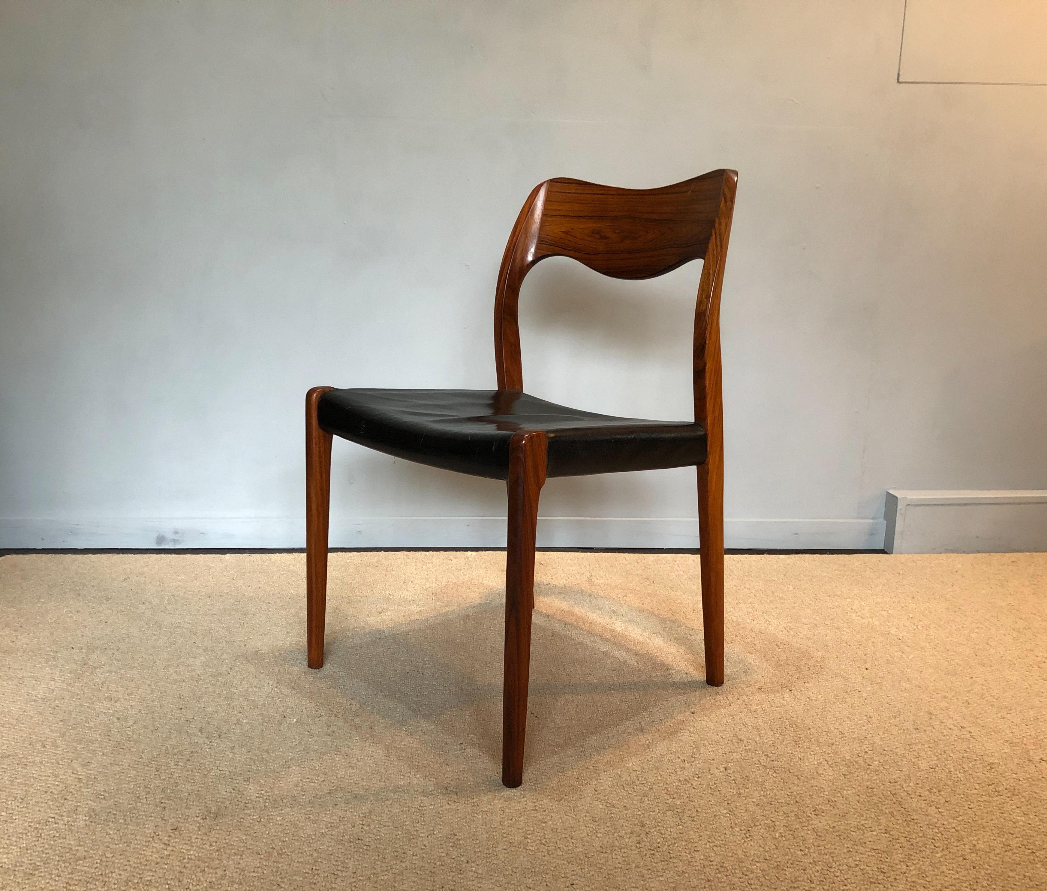 Leather Arne Hovmand Olsen, Moller, Rosewood Model 71 Chairs, Set of Eight