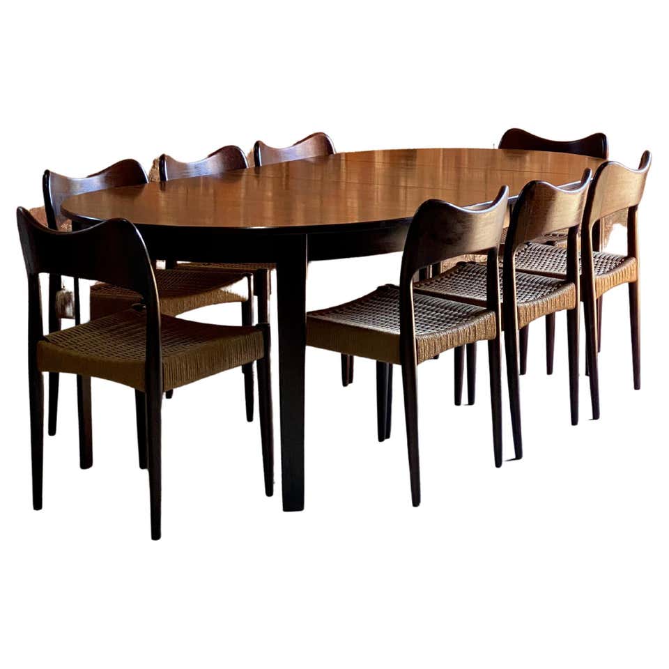 Rosewood Dining Table with Nested Chairs by Hans Olsen at 1stDibs