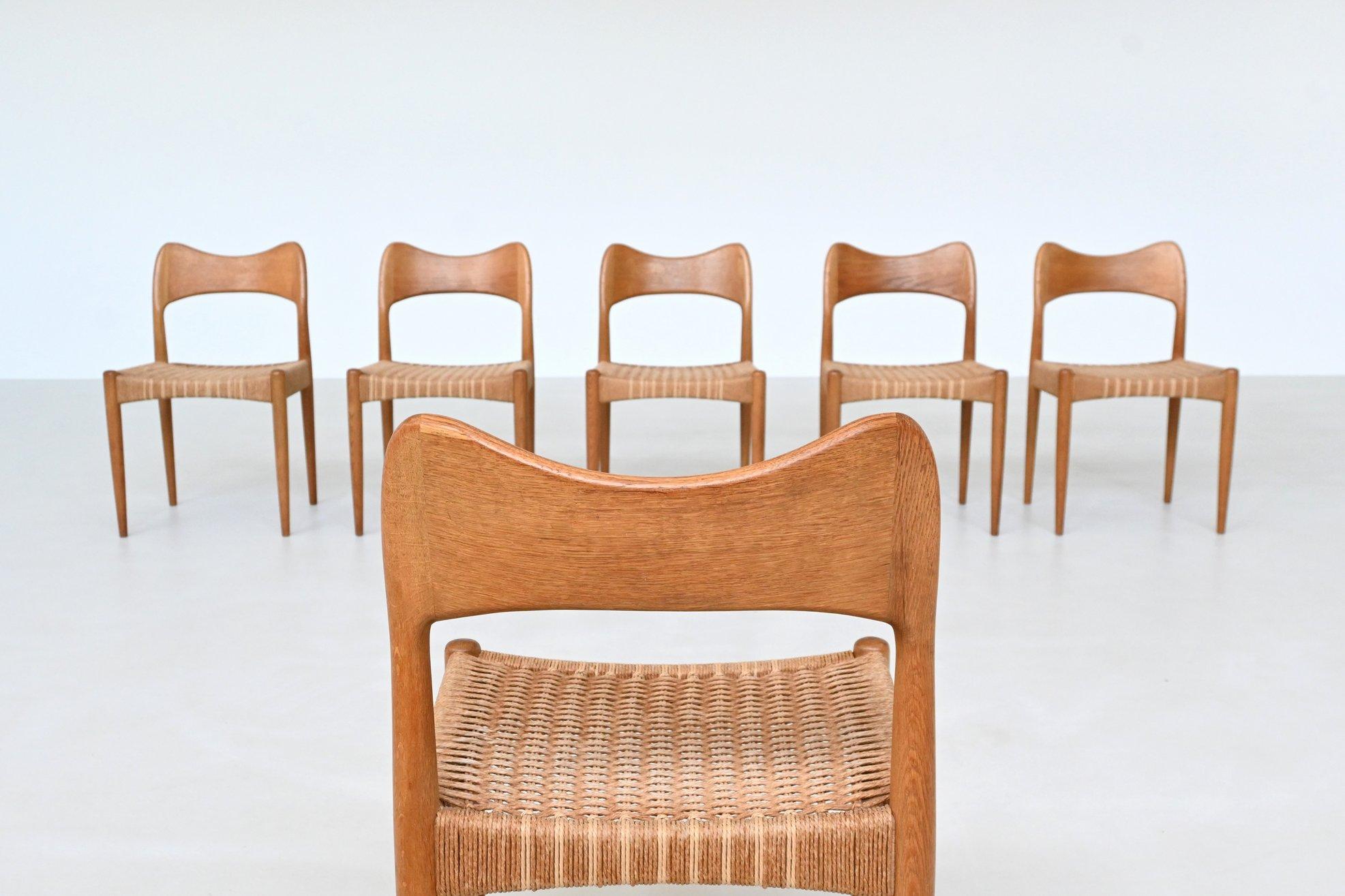 Arne Hovmand-Olsen set de six chaises de salle à manger en chêne Mogens Kold Danemark 1960 en vente 2