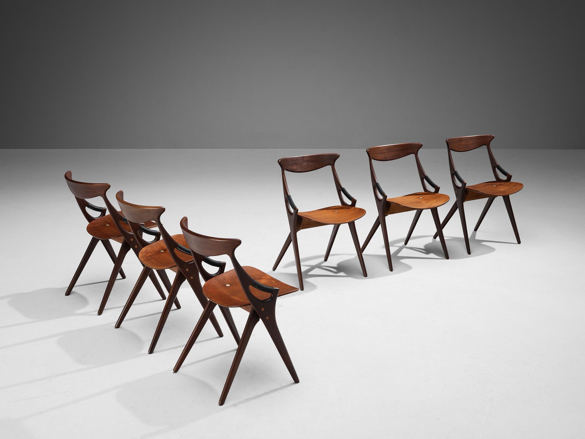 Brass Arne Hovmand-Olsen Set of Six Dining Chairs in Teak