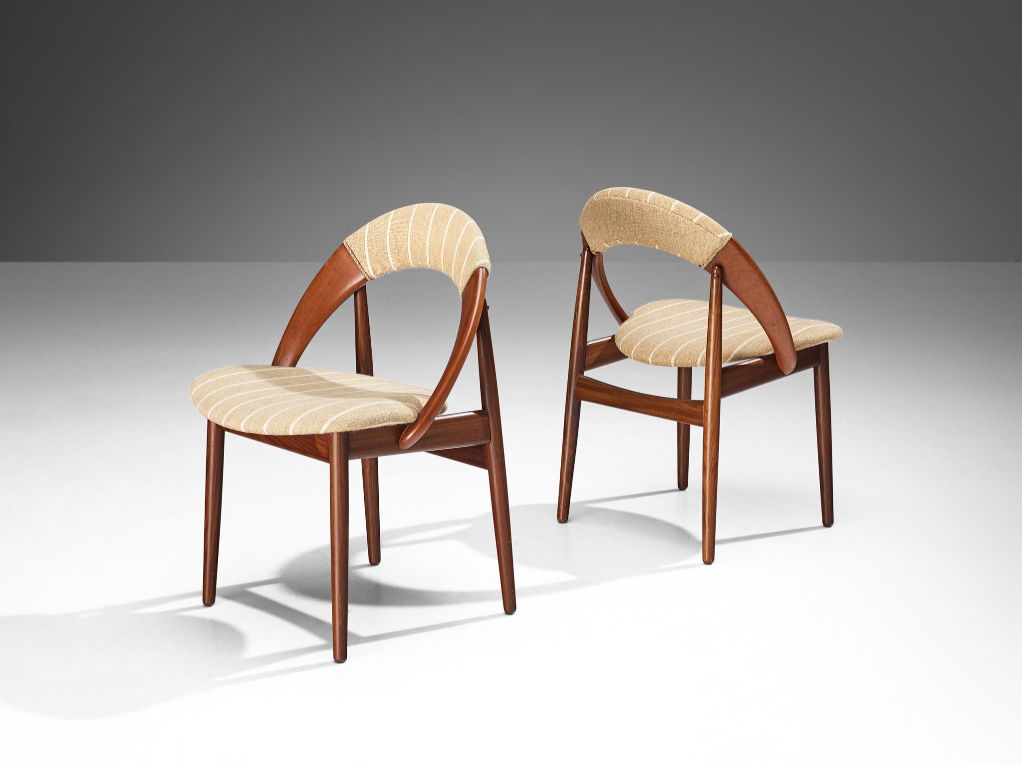Scandinavian Modern Arne Hovmand-Olsen Set of Six Dining Chairs in Teak & Striped Beige Fabric  For Sale
