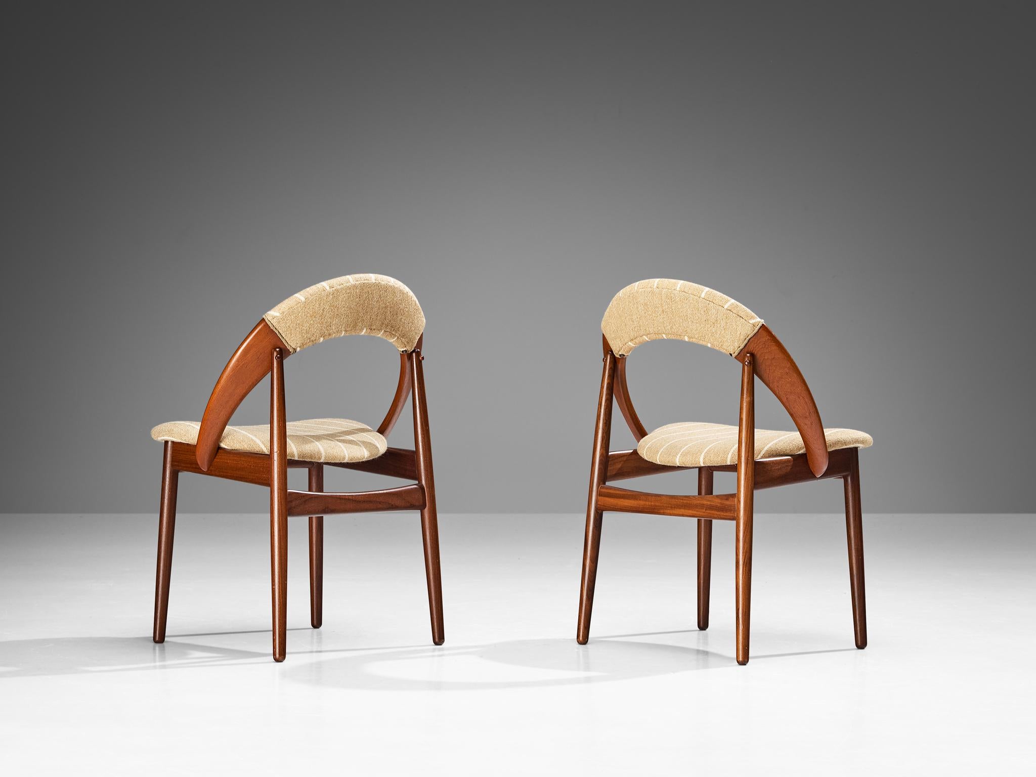 Mid-20th Century Arne Hovmand-Olsen Set of Six Dining Chairs in Teak & Striped Beige Fabric  For Sale