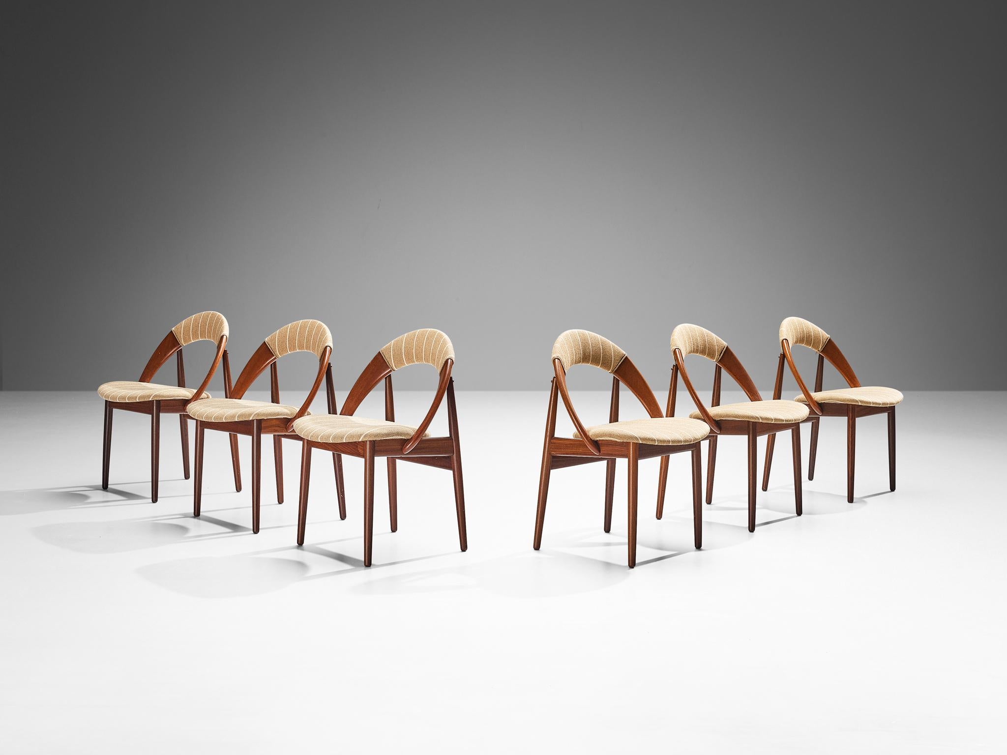 Ensemble de six chaises de salle à manger en teck et tissu beige rayé Arne Hovmand-Olsen  en vente 2
