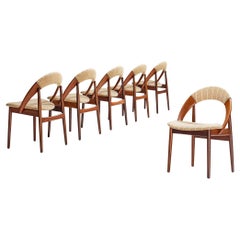Arne Hovmand-Olsen Set of Six Dining Chairs in Teak & Striped Beige Fabric 