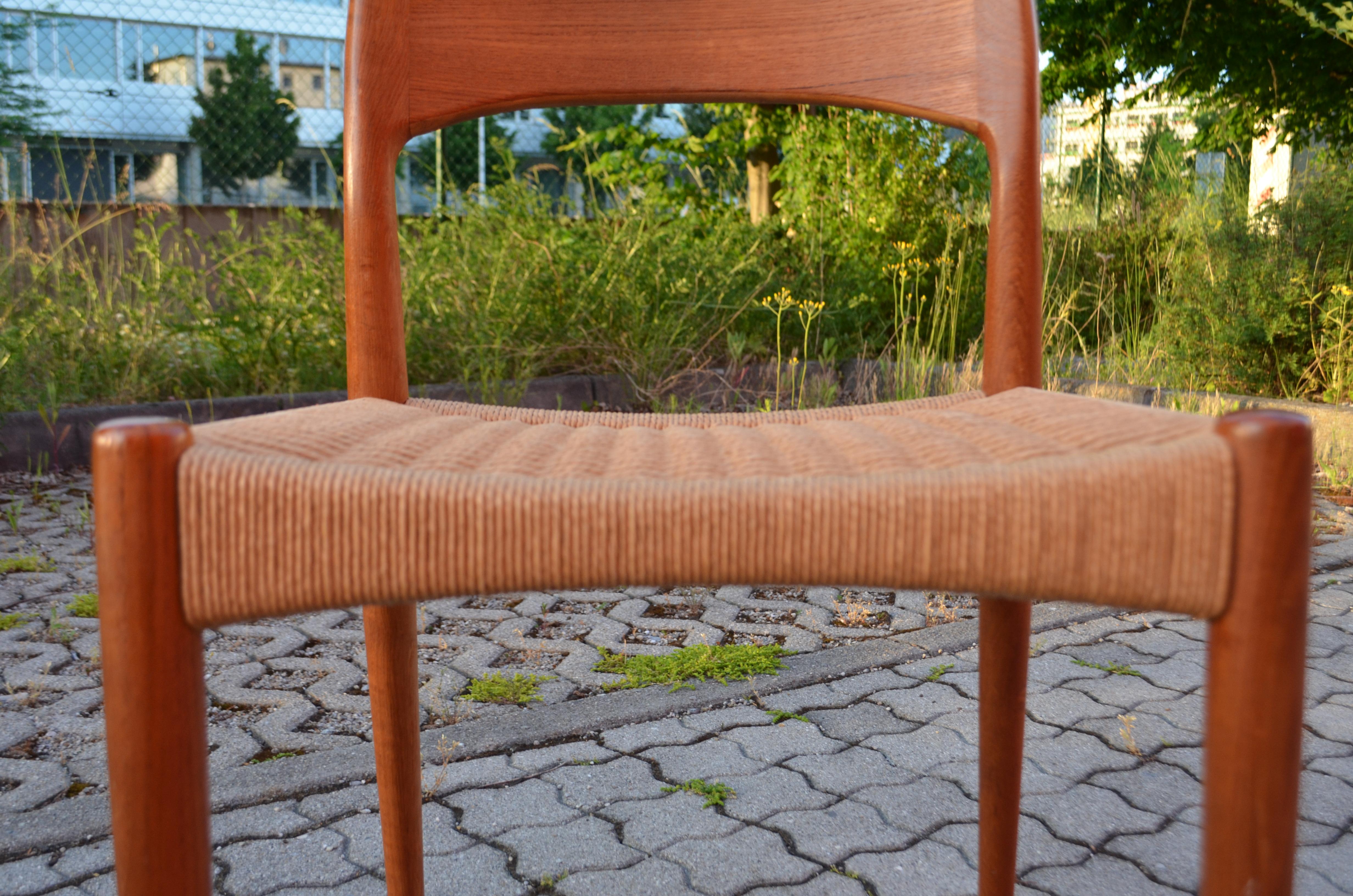 Danish Arne Hovmand Olsen Teak Papercord Dining Chair for Mogens Kold Set of 2 For Sale
