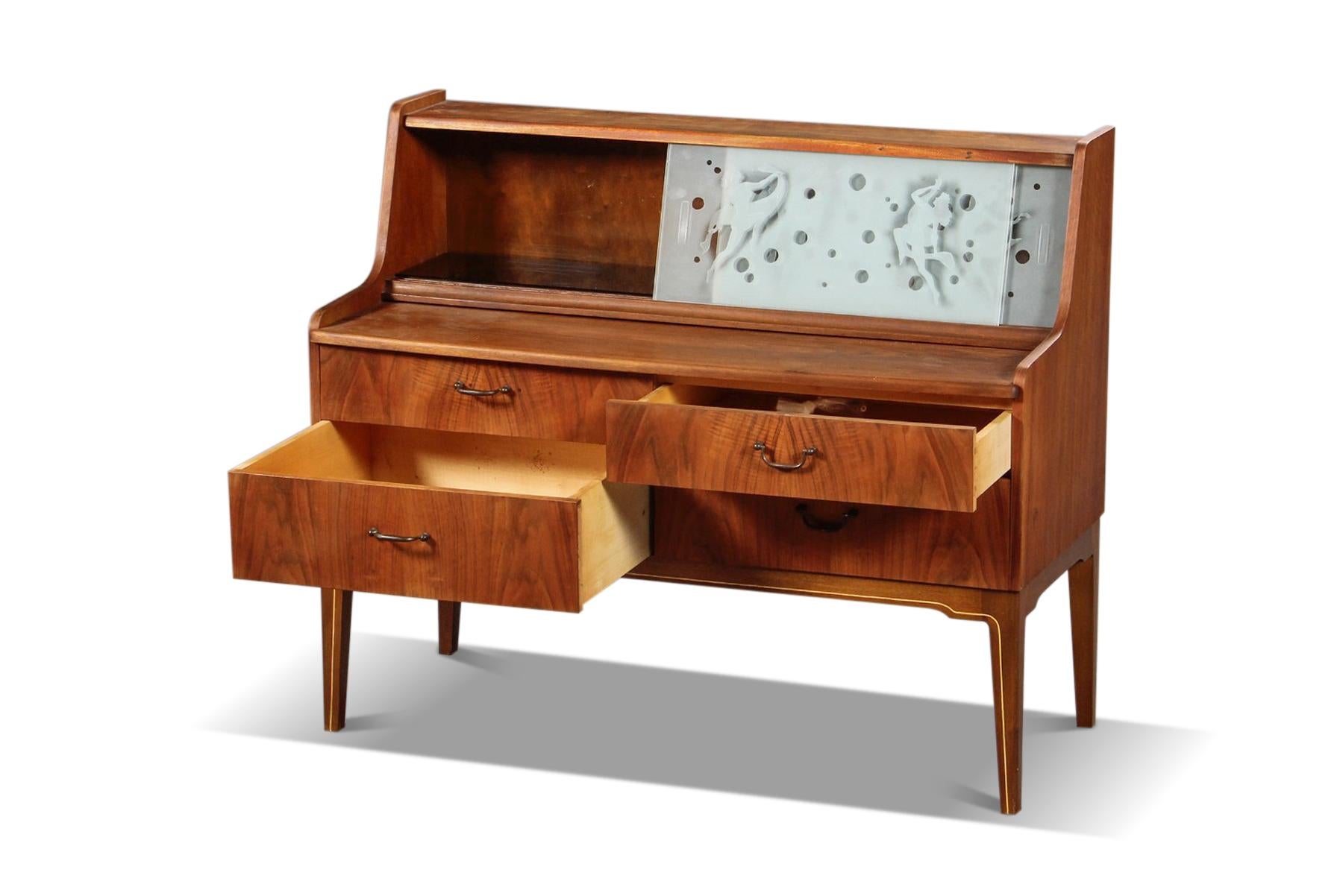 Danish Arne Hovmand Olsen Vanity / Secretary in Teak with Etched Glass Doors For Sale