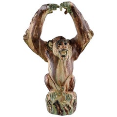 Vintage Arne Ingdam, Denmark, Large Chimpanzee in Glazed Ceramics